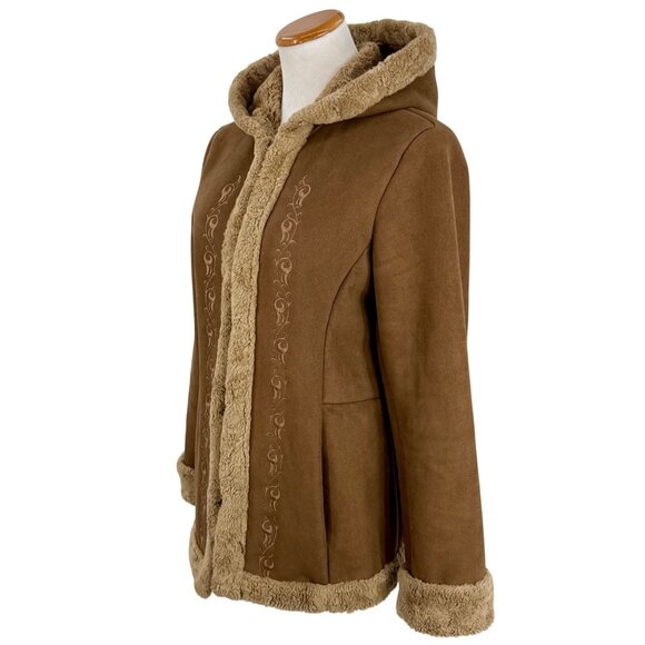 Vtg 90s Esprit Brown Faux Suede Sherpa Lined Embroidered Hooded Jacket | Boho M - Picture 10 of 16